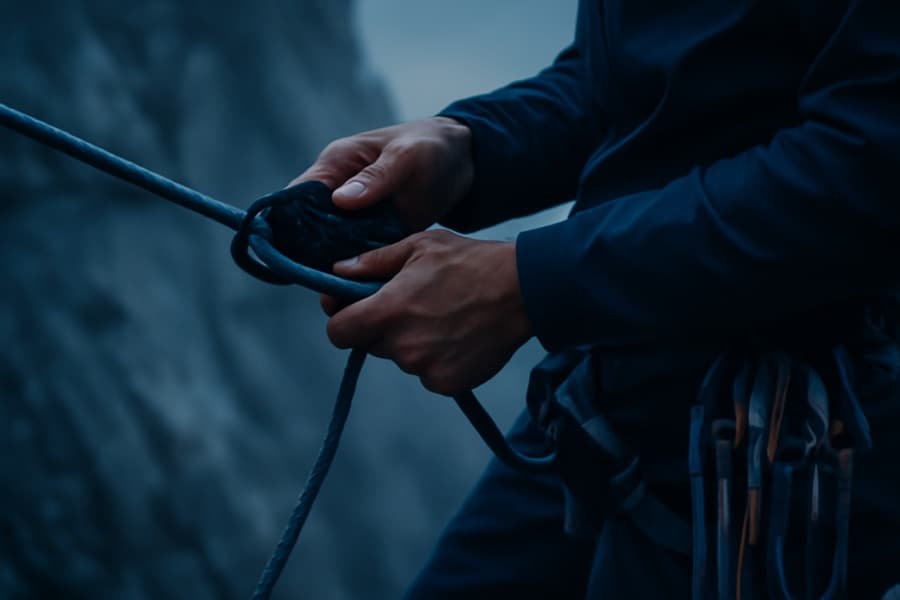 Detail jištění — lano a ruce jistícího